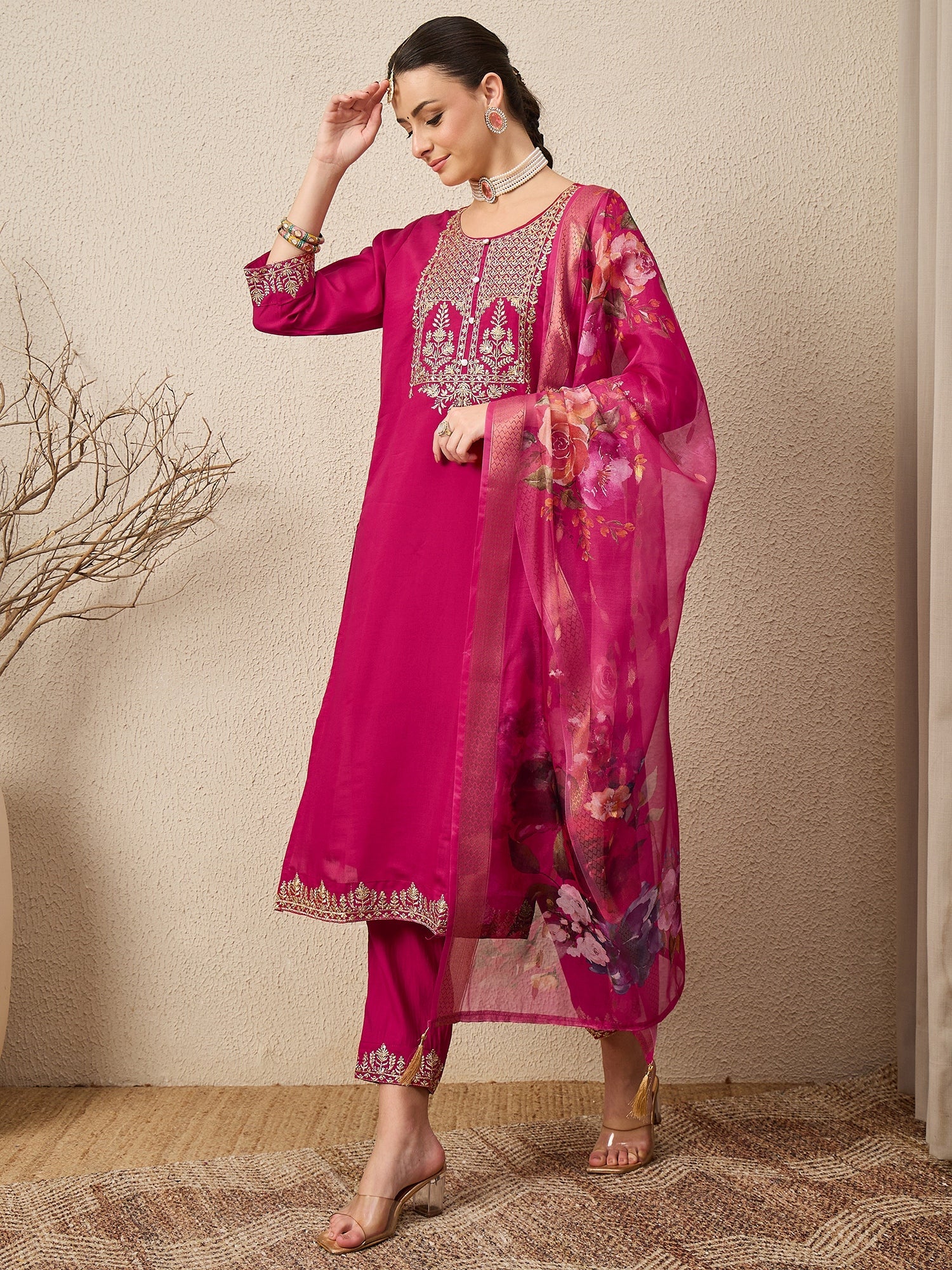 EthniGlow Pink Viscose Roman Silk Embroidery Straight Suit Set - FitVibe Fashion