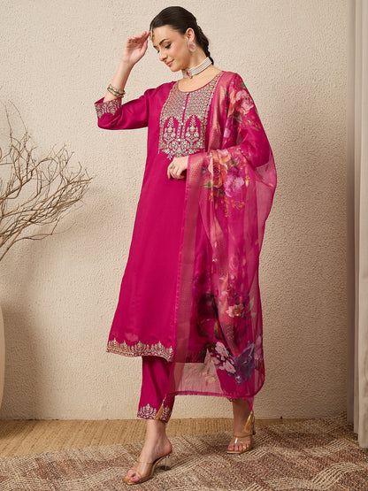 EthniGlow Pink Viscose Roman Silk Embroidery Straight Suit Set - FitVibe Fashion