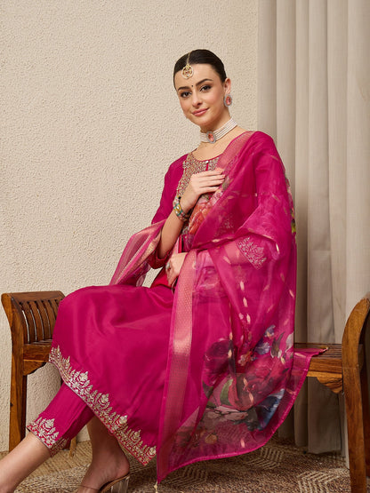 EthniGlow Pink Viscose Roman Silk Embroidery Straight Suit Set - FitVibe Fashion