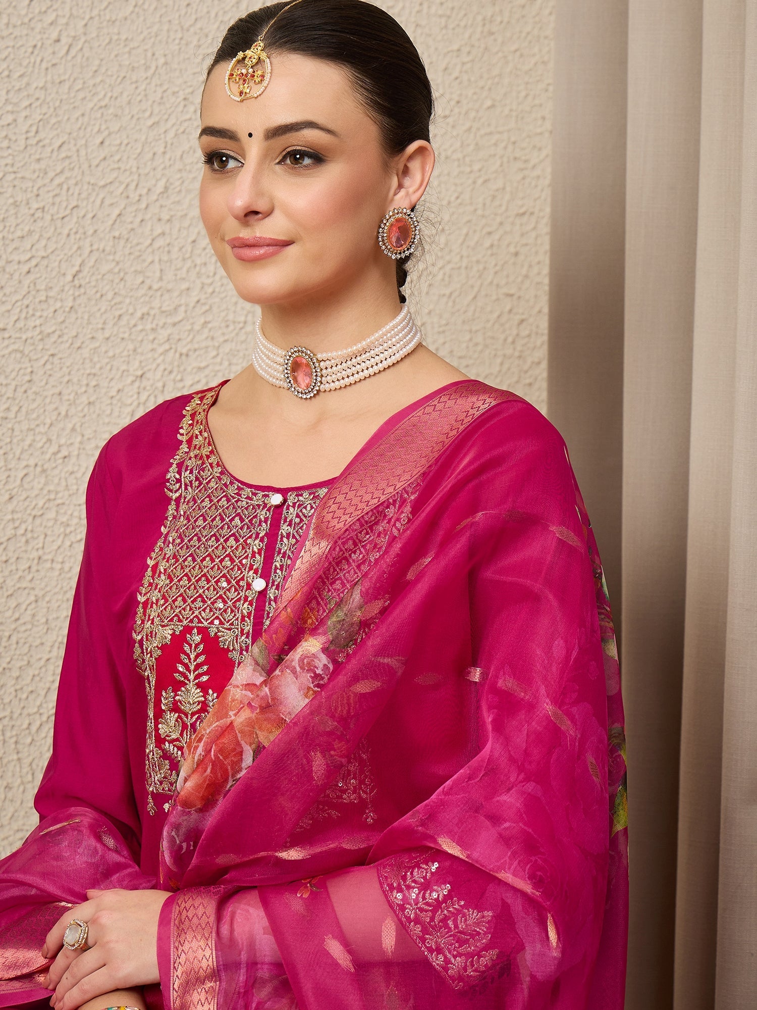 EthniGlow Pink Viscose Roman Silk Embroidery Straight Suit Set - FitVibe Fashion