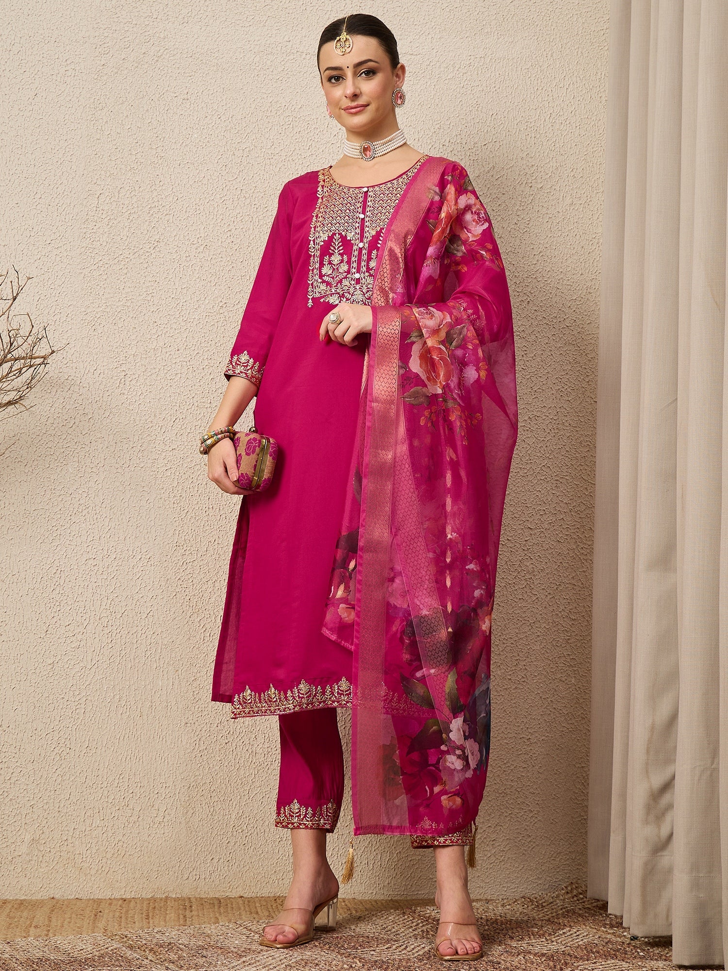 EthniGlow Pink Viscose Roman Silk Embroidery Straight Suit Set - FitVibe Fashion