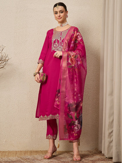 EthniGlow Pink Viscose Roman Silk Embroidery Straight Suit Set - FitVibe Fashion