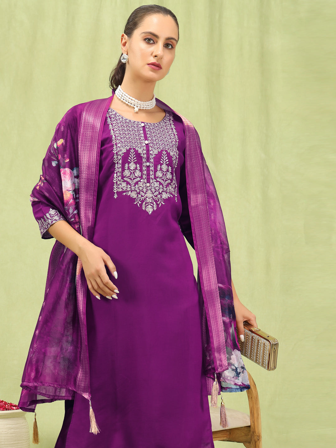 Simran Women’s Viscose Roman Silk Embroidery Straight Kurta Pant with Dupatta Set - FitVibe Fashion