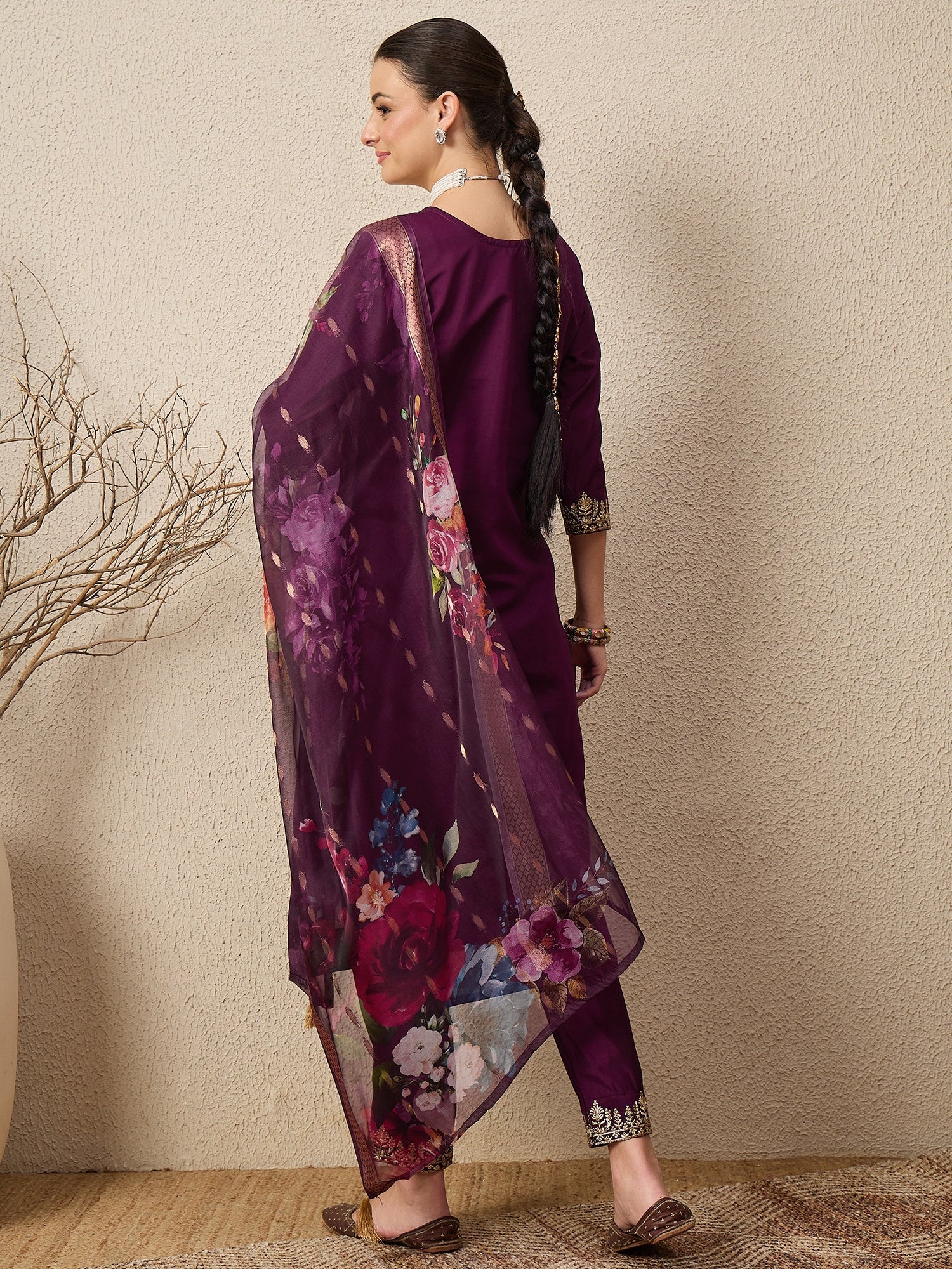 DivyaRaag Purple Viscose Roman Silk Embroidery Straight Suit Set - FitVibe Fashion