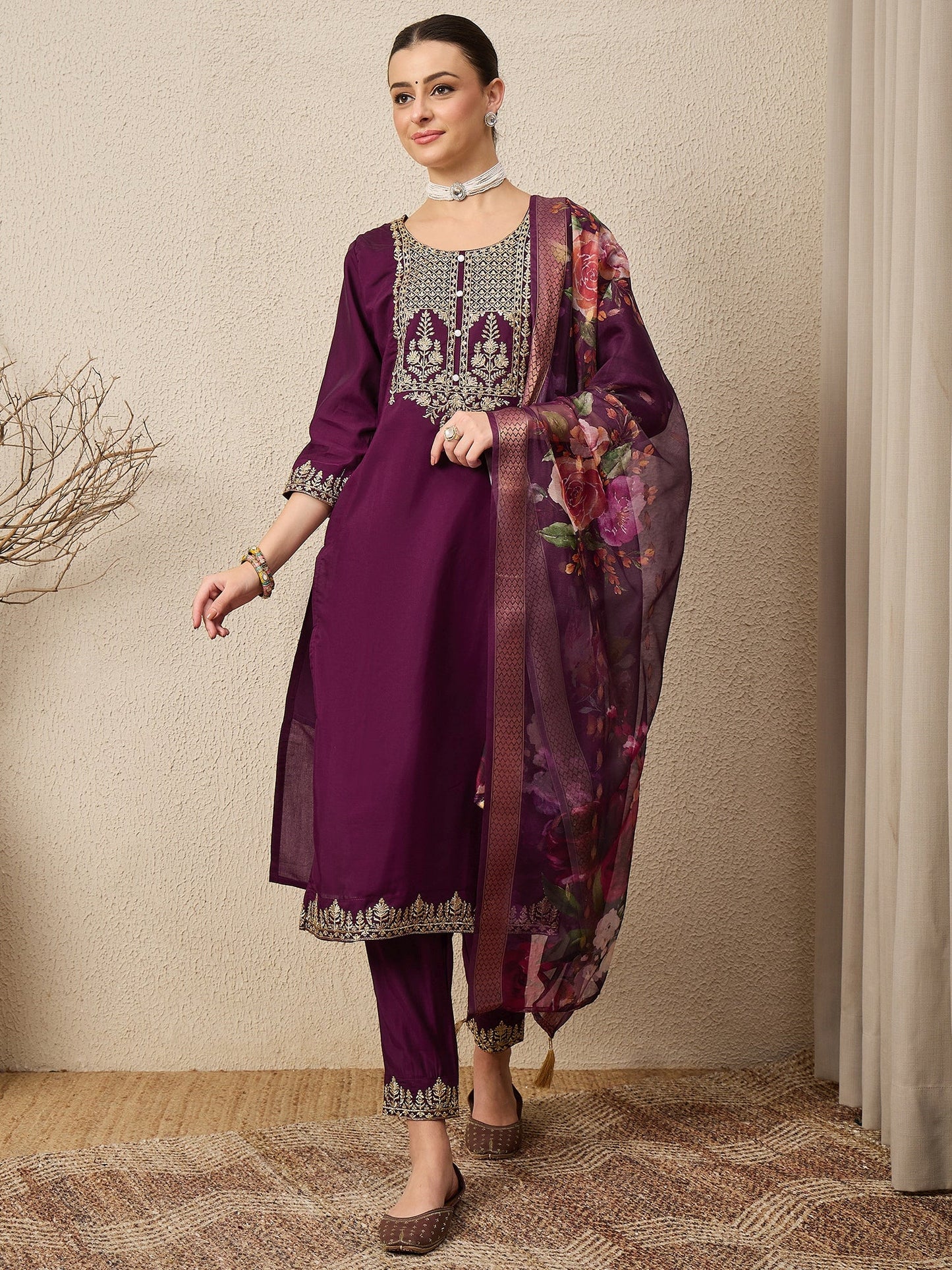 DivyaRaag Purple Viscose Roman Silk Embroidery Straight Suit Set - FitVibe Fashion