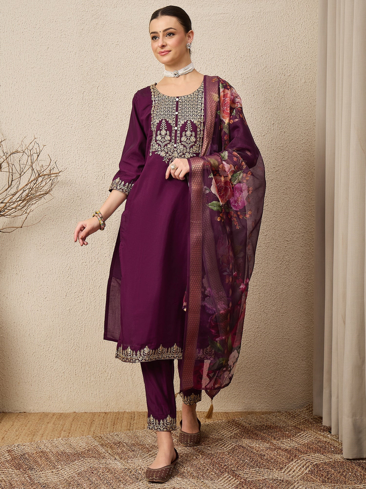 DivyaRaag Purple Viscose Roman Silk Embroidery Straight Suit Set - FitVibe Fashion