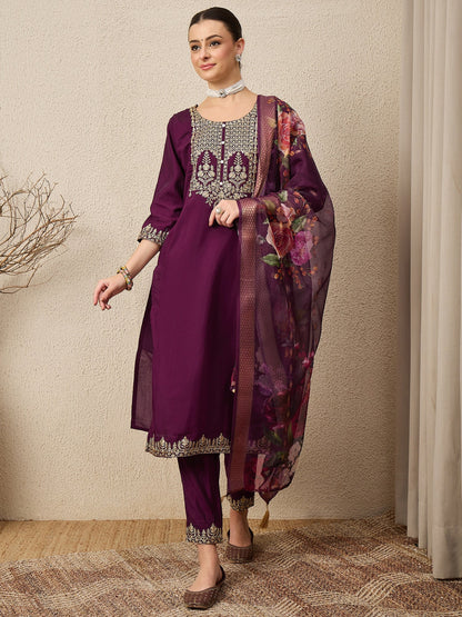 DivyaRaag Purple Viscose Roman Silk Embroidery Straight Suit Set - FitVibe Fashion