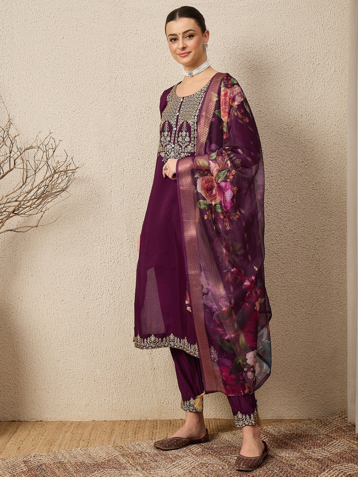 DivyaRaag Purple Viscose Roman Silk Embroidery Straight Suit Set - FitVibe Fashion