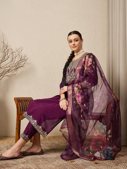 DivyaRaag Purple Viscose Roman Silk Embroidery Straight Suit Set - FitVibe Fashion