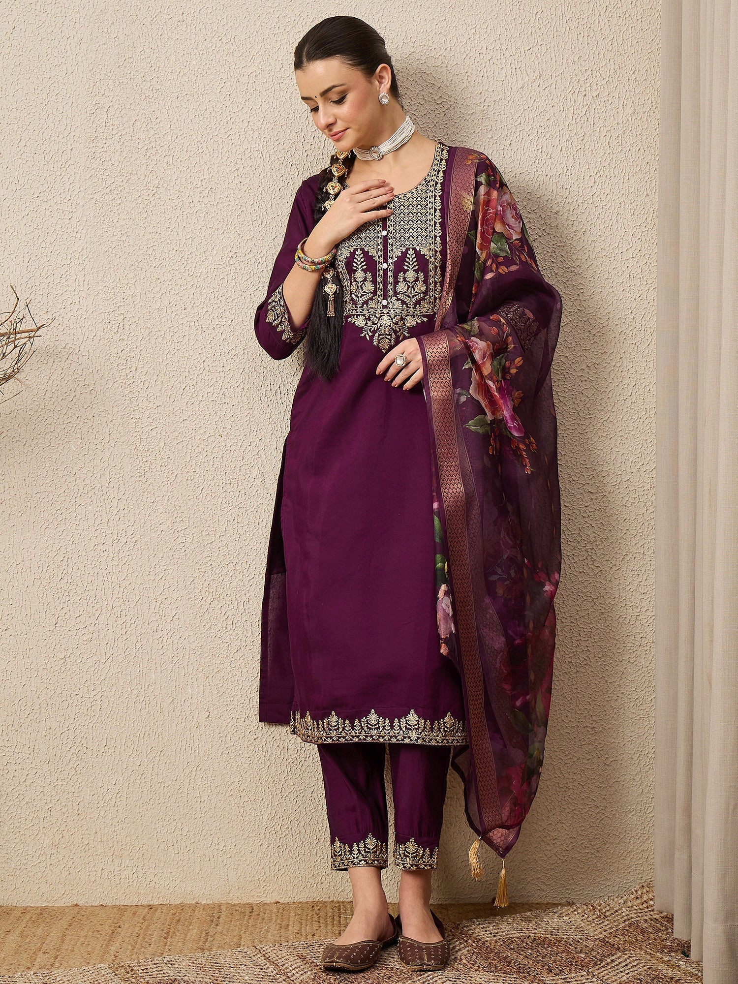 DivyaRaag Purple Viscose Roman Silk Embroidery Straight Suit Set - FitVibe Fashion