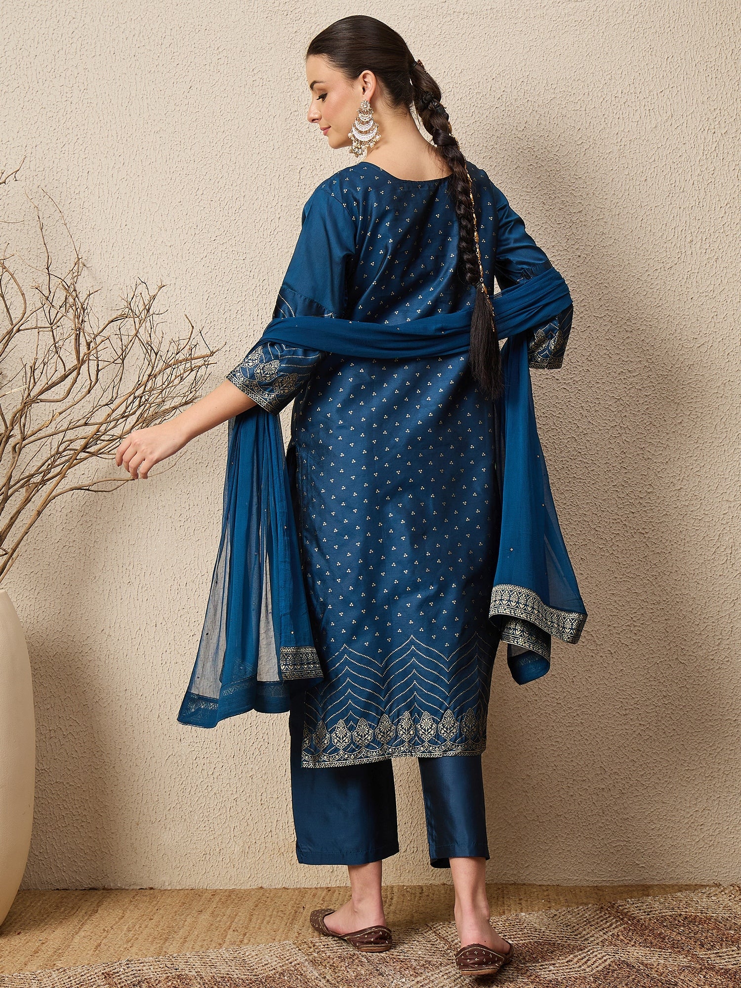Gulzaar N-blue Women Cotton Silk Blend Straight Suit Set with Handwork - FitVibe Fashion