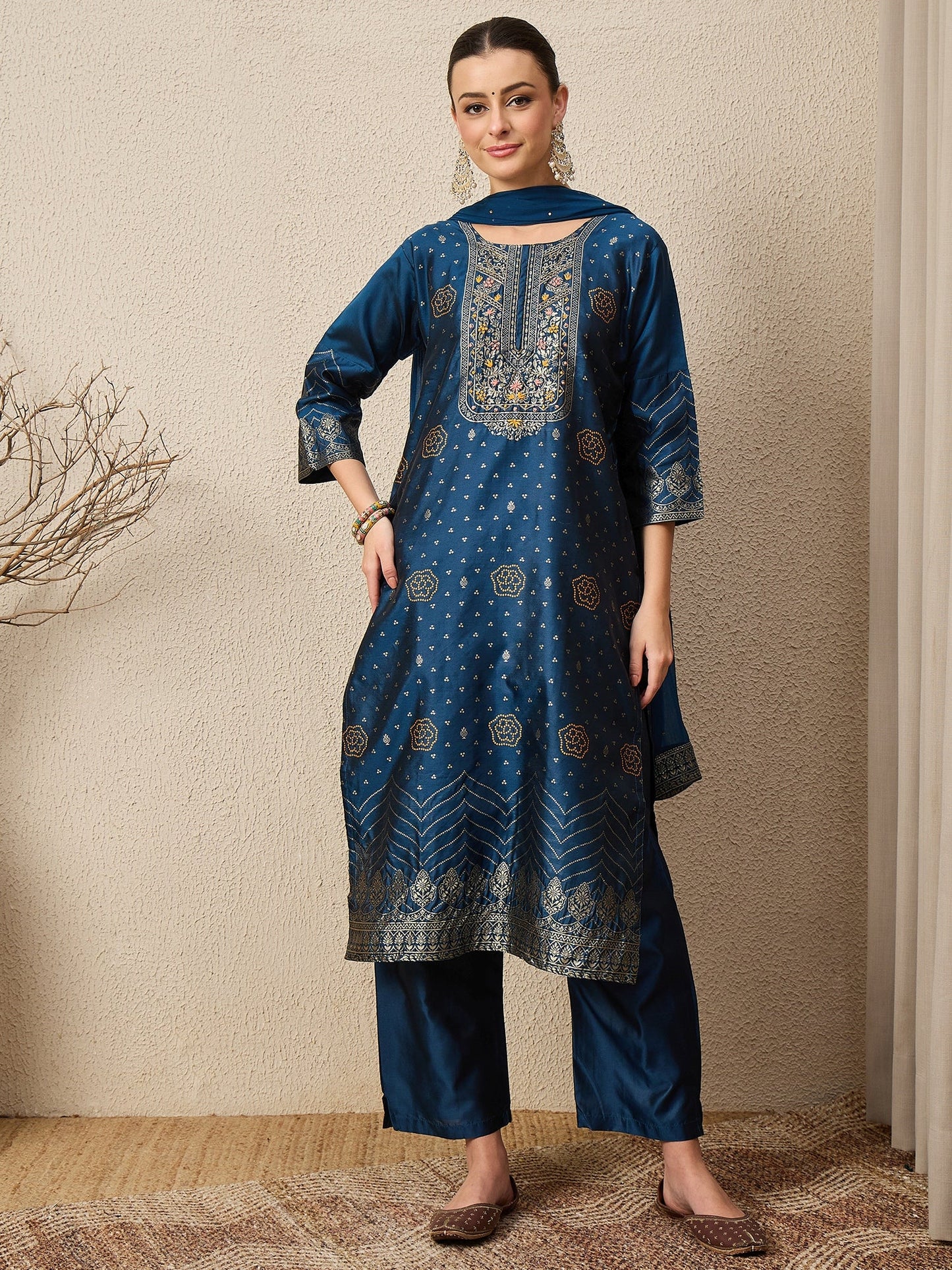Gulzaar N-blue Women Cotton Silk Blend Straight Suit Set with Handwork - FitVibe Fashion