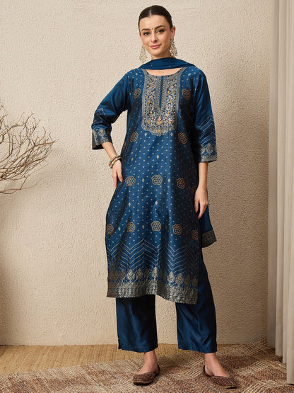 Gulzaar N-blue Women Cotton Silk Blend Straight Suit Set with Handwork - FitVibe Fashion