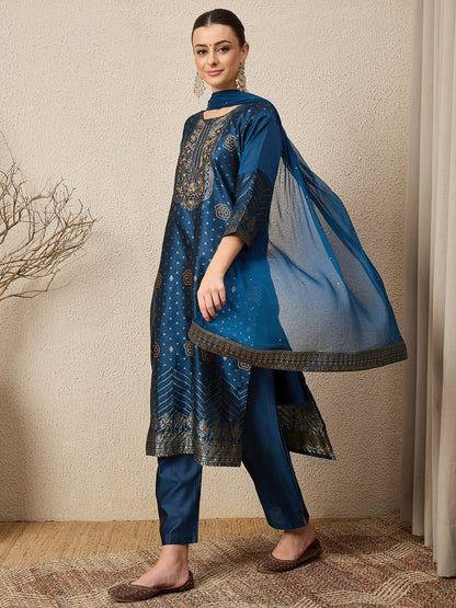 Gulzaar N-blue Women Cotton Silk Blend Straight Suit Set with Handwork - FitVibe Fashion