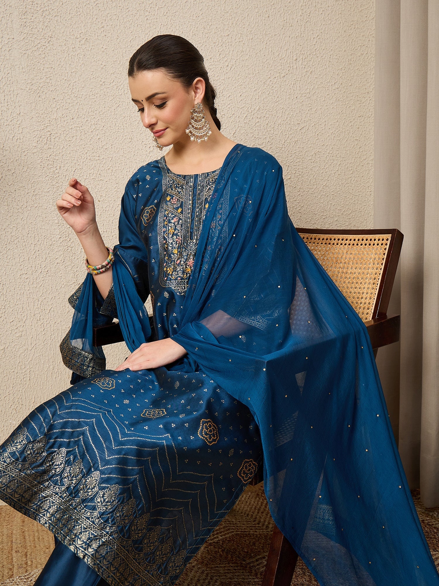 Gulzaar N-blue Women Cotton Silk Blend Straight Suit Set with Handwork - FitVibe Fashion