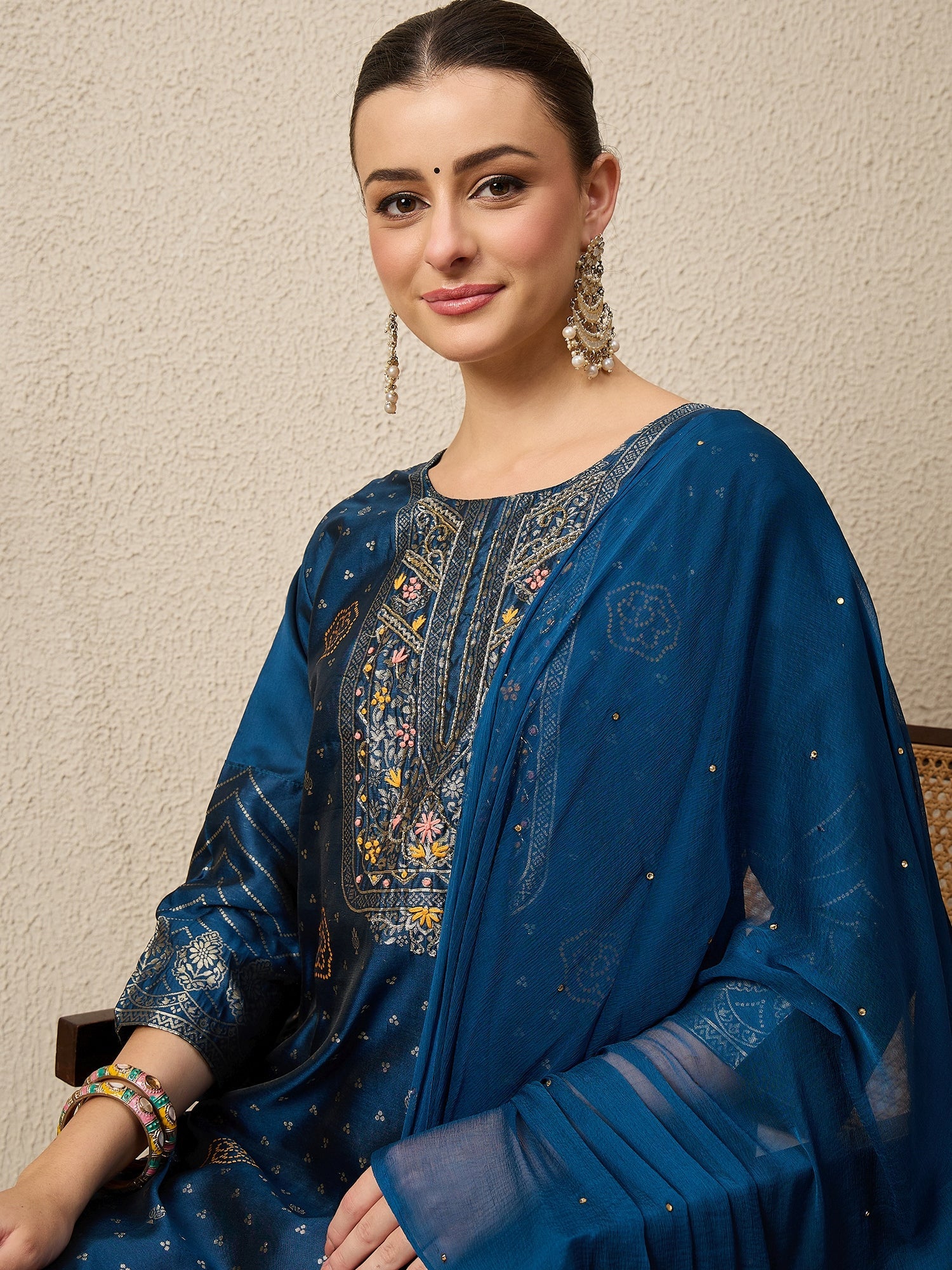 Gulzaar N-blue Women Cotton Silk Blend Straight Suit Set with Handwork - FitVibe Fashion