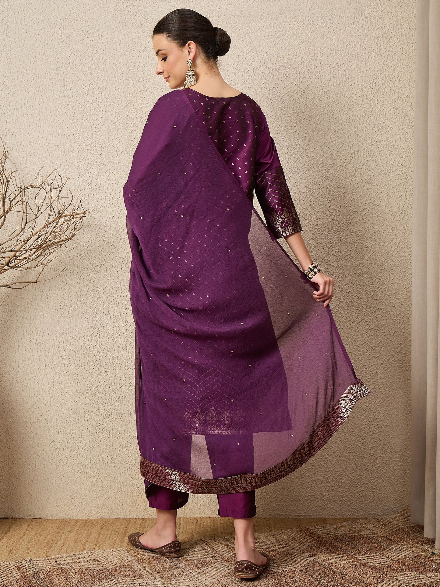 Heera Purple Women Cotton Silk Blend Straight Suit Set with Handwork - FitVibe Fashion