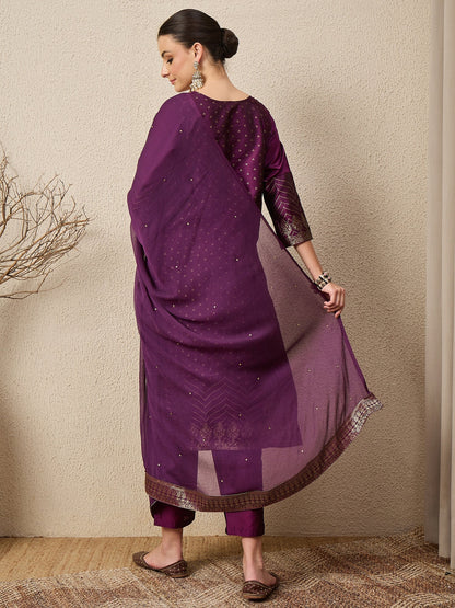 Heera Purple Women Cotton Silk Blend Straight Suit Set with Handwork - FitVibe Fashion