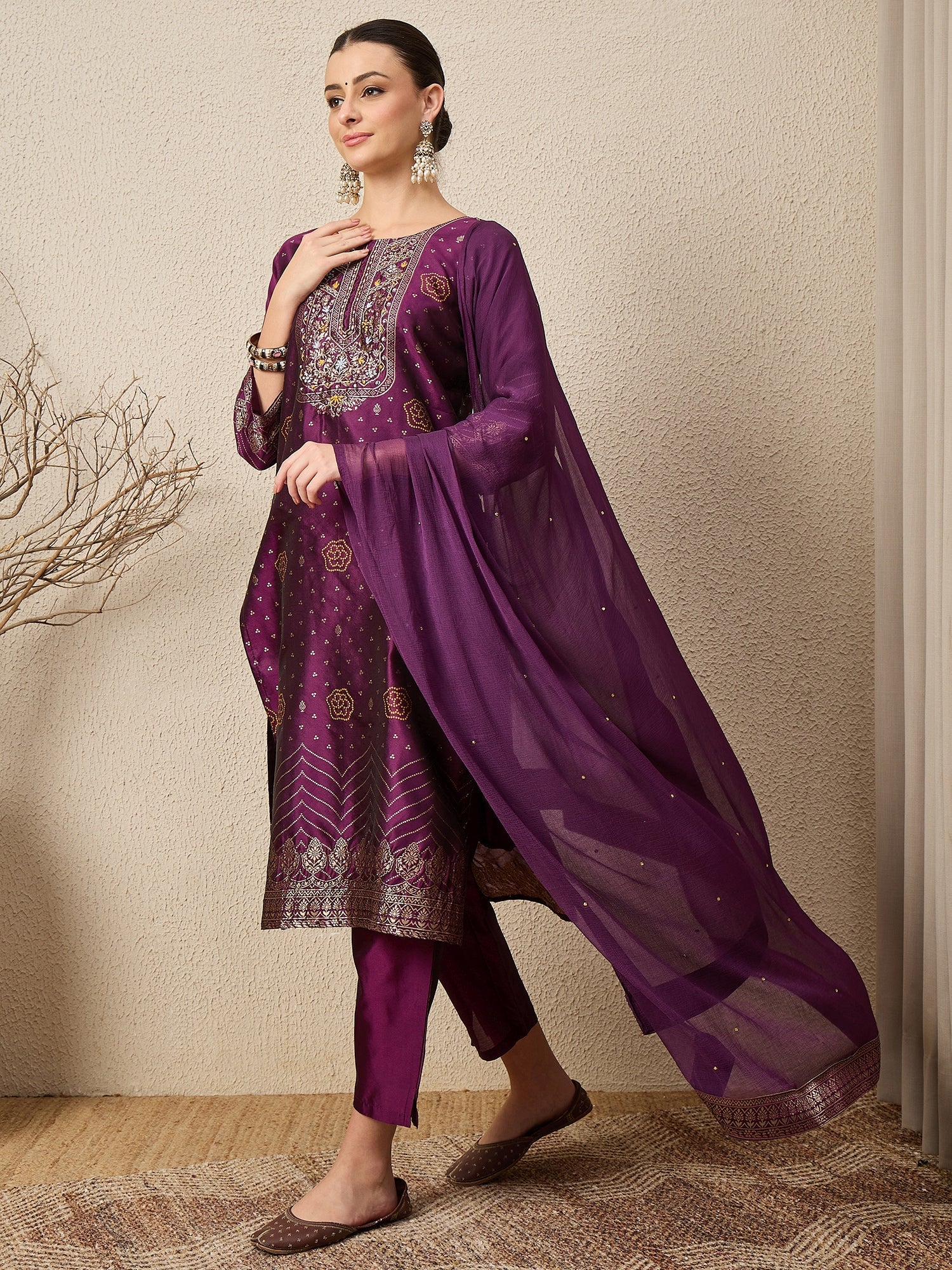 Heera Purple Women Cotton Silk Blend Straight Suit Set with Handwork - FitVibe Fashion