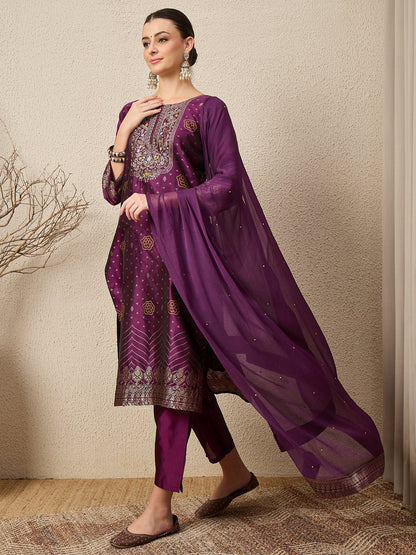 Heera Purple Women Cotton Silk Blend Straight Suit Set with Handwork - FitVibe Fashion