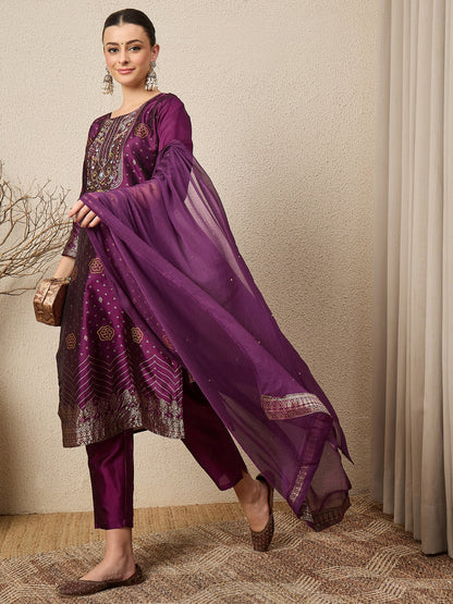 Heera Purple Women Cotton Silk Blend Straight Suit Set with Handwork - FitVibe Fashion