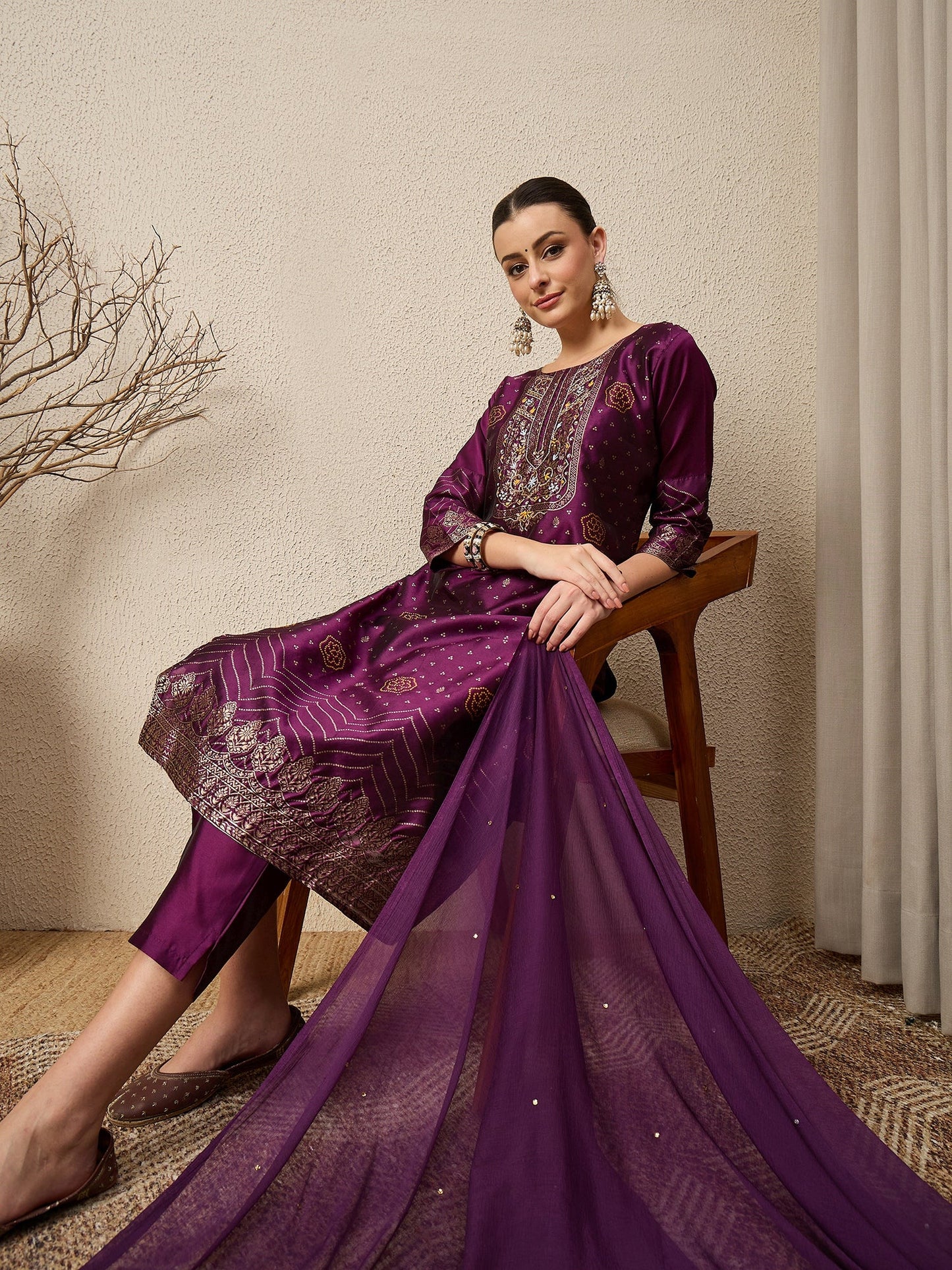 Heera Purple Women Cotton Silk Blend Straight Suit Set with Handwork - FitVibe Fashion