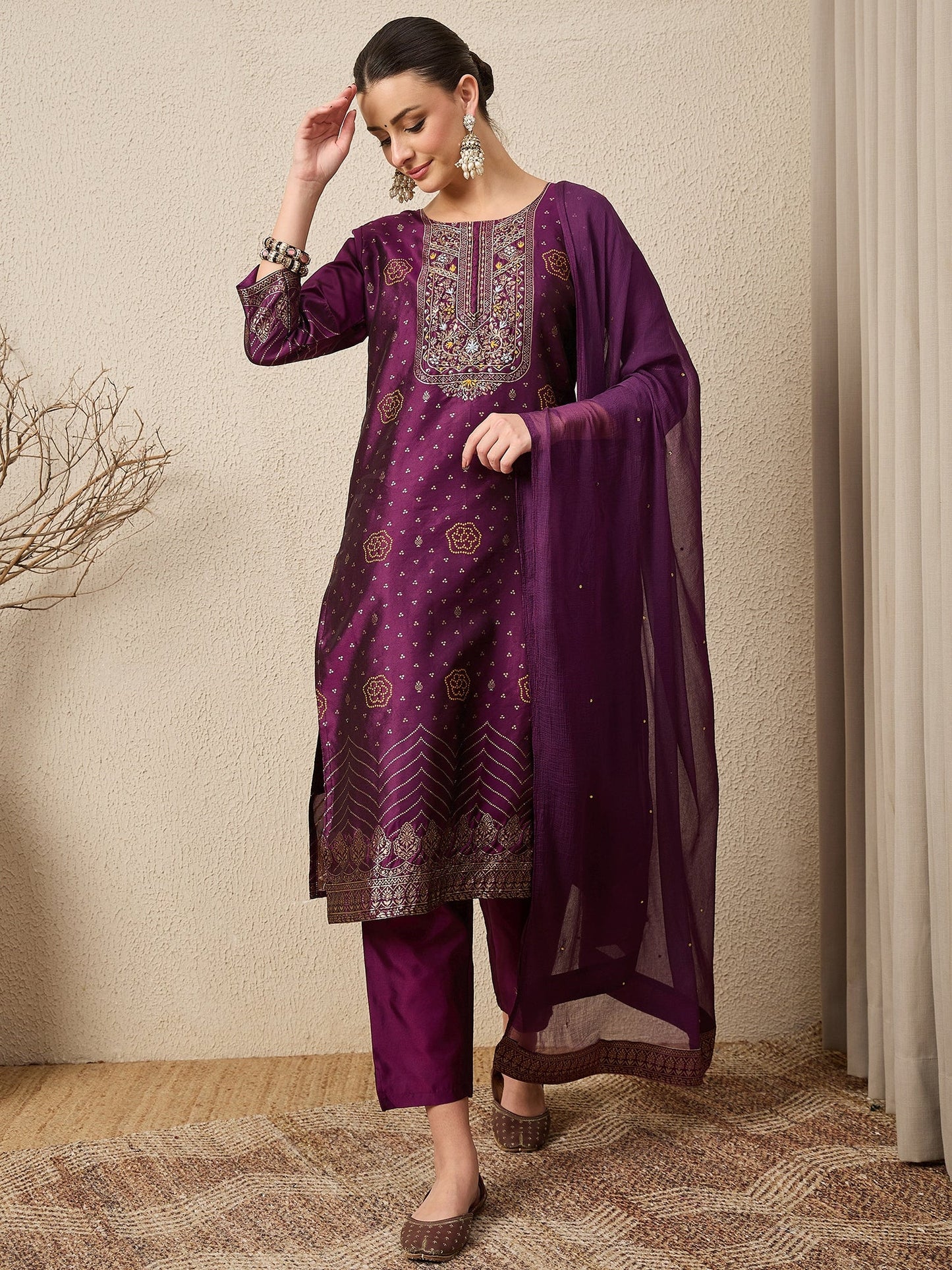 Heera Purple Women Cotton Silk Blend Straight Suit Set with Handwork - FitVibe Fashion