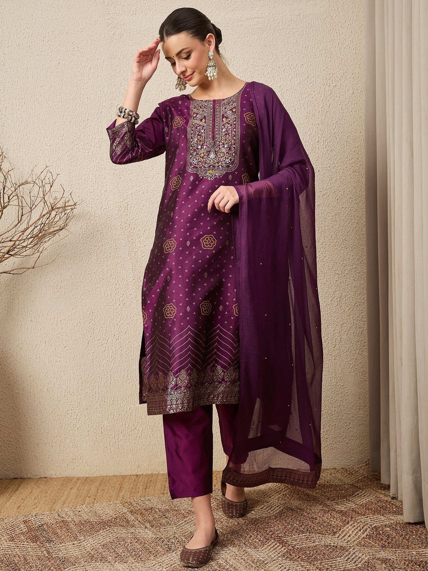 Heera Purple Women Cotton Silk Blend Straight Suit Set with Handwork - FitVibe Fashion