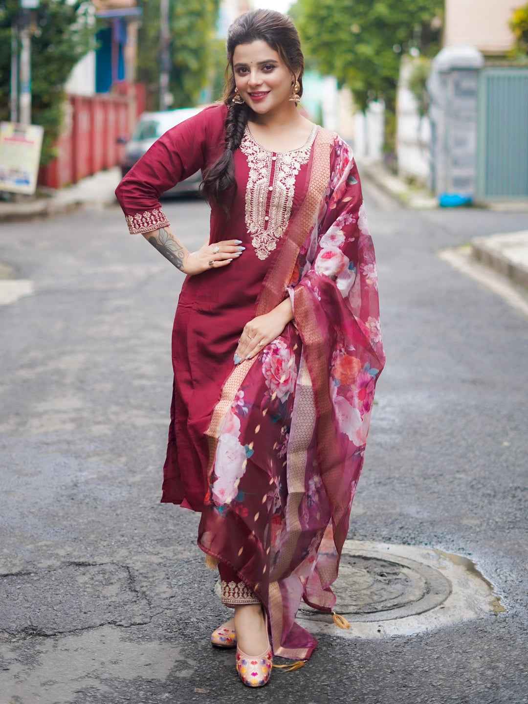 Aashaya Women’s Viscose Roman Silk Embroidery Straight Kurta Pant with Dupatta Set