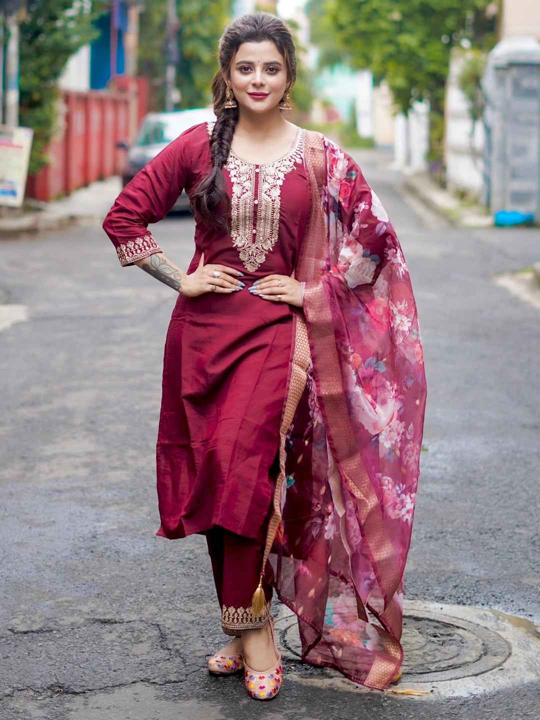 Aashaya Women’s Viscose Roman Silk Embroidery Straight Kurta Pant with Dupatta Set