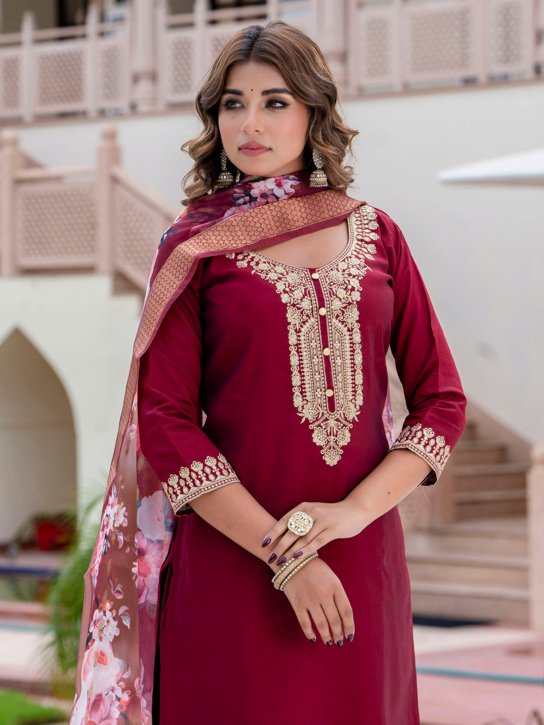 Anshika Women’s Viscose Roman Silk Embroidery Straight Kurta Pant with Dupatta Set - FitVibe Fashion