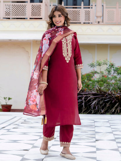 Anshika Women’s Viscose Roman Silk Embroidery Straight Kurta Pant with Dupatta Set - FitVibe Fashion