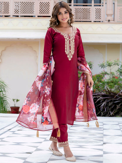 Anshika Women’s Viscose Roman Silk Embroidery Straight Kurta Pant with Dupatta Set - FitVibe Fashion