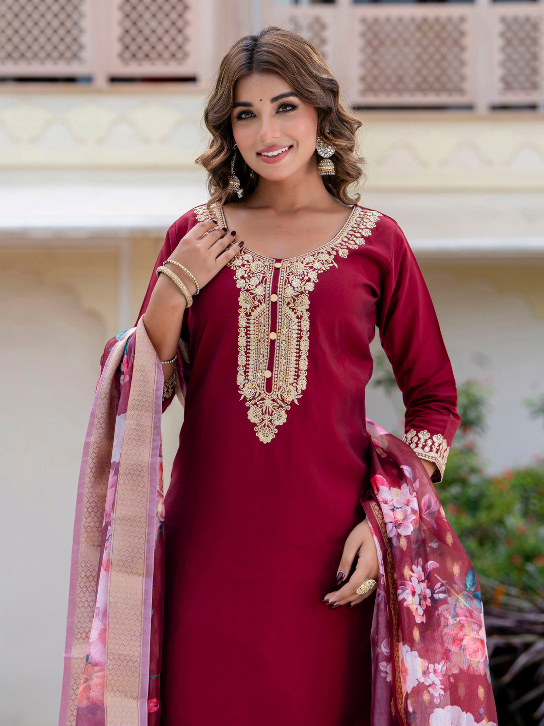 Anshika Women’s Viscose Roman Silk Embroidery Straight Kurta Pant with Dupatta Set - FitVibe Fashion