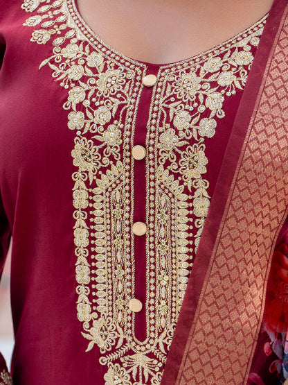 Anshika Women’s Viscose Roman Silk Embroidery Straight Kurta Pant with Dupatta Set - FitVibe Fashion