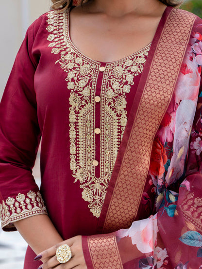 Anshika Women’s Viscose Roman Silk Embroidery Straight Kurta Pant with Dupatta Set - FitVibe Fashion