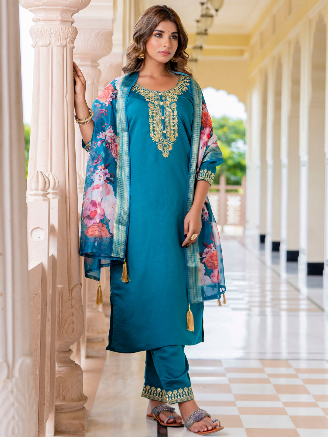 Anupama Women’s Viscose Roman Silk Embroidery Straight Kurta Pant with Dupatta Set - FitVibe Fashion