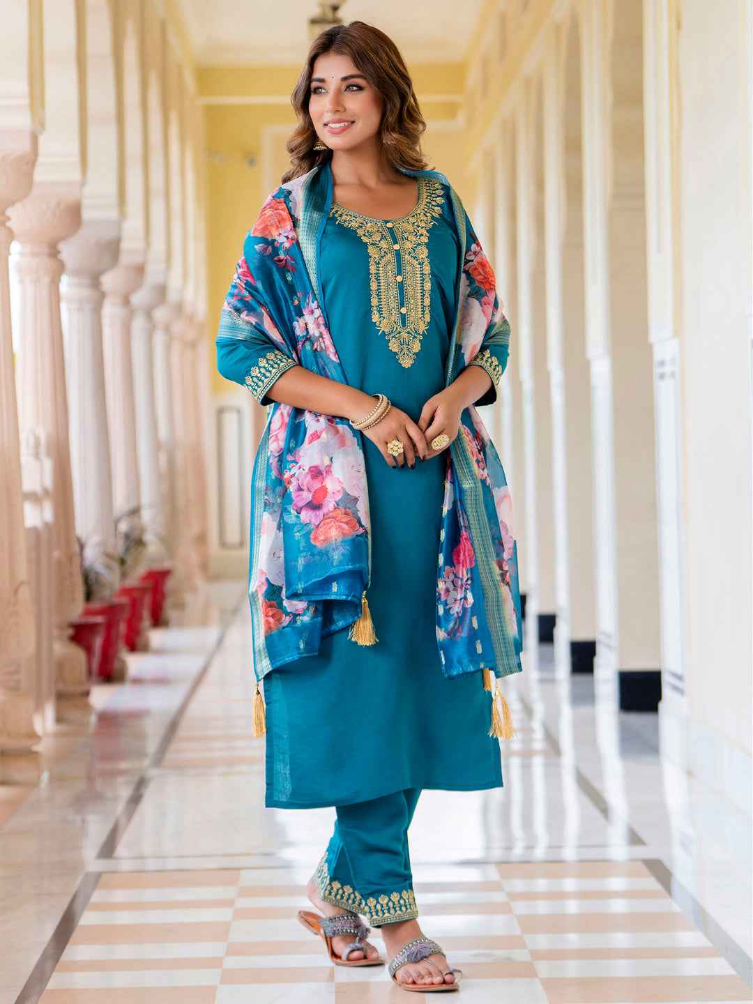 Anupama Women’s Viscose Roman Silk Embroidery Straight Kurta Pant with Dupatta Set - FitVibe Fashion