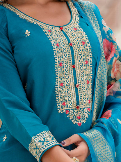 Women’s Viscose Roman Silk Embroidery Straight Kurta Pant with Dupatta Set - FitVibe Fashion