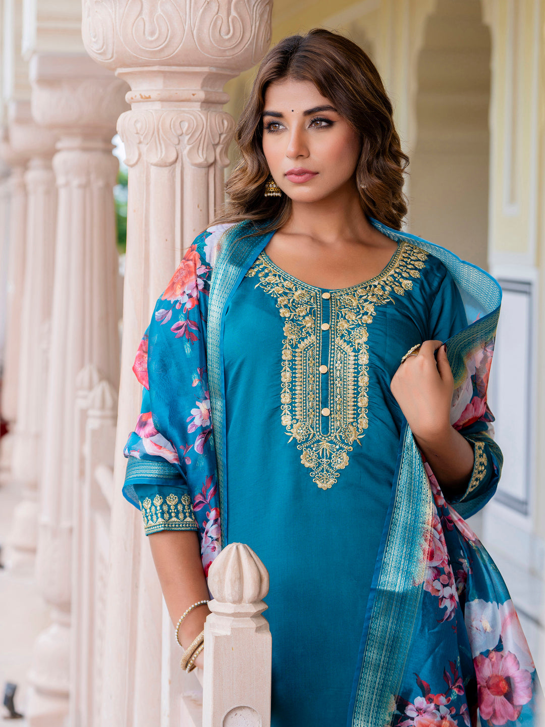 Anupama Women’s Viscose Roman Silk Embroidery Straight Kurta Pant with Dupatta Set - FitVibe Fashion