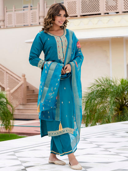 Women’s Viscose Roman Silk Embroidery Straight Kurta Pant with Dupatta Set - FitVibe Fashion