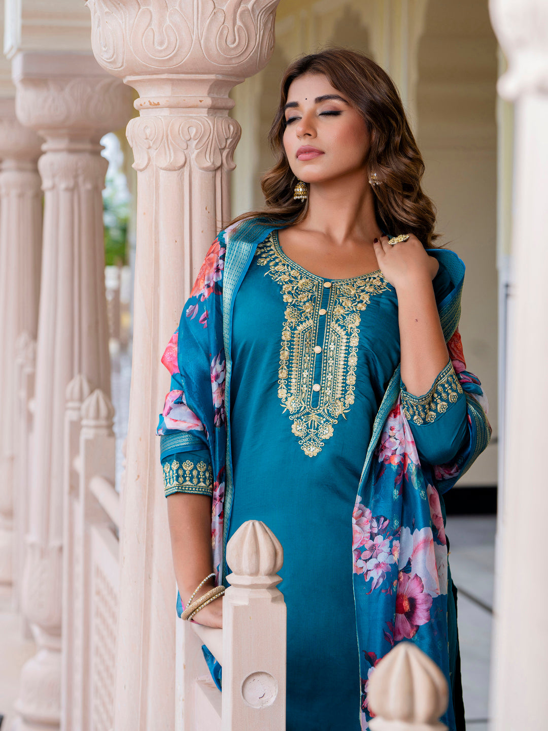 Anupama Women’s Viscose Roman Silk Embroidery Straight Kurta Pant with Dupatta Set - FitVibe Fashion