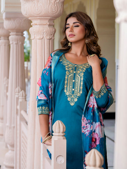 Anupama Women’s Viscose Roman Silk Embroidery Straight Kurta Pant with Dupatta Set - FitVibe Fashion