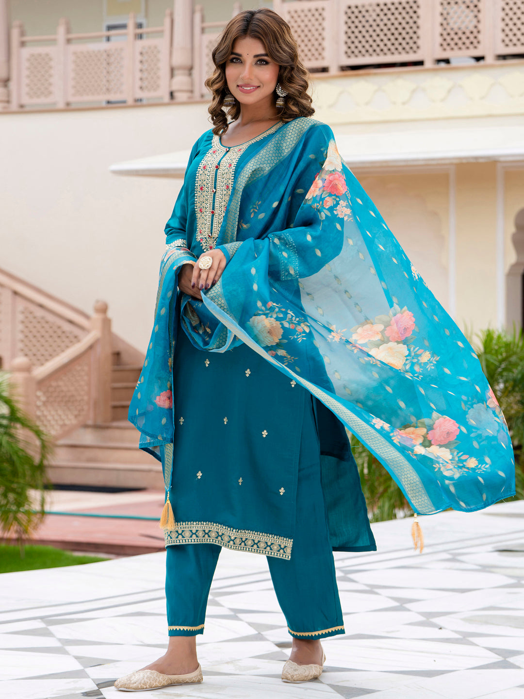 Women’s Viscose Roman Silk Embroidery Straight Kurta Pant with Dupatta Set - FitVibe Fashion