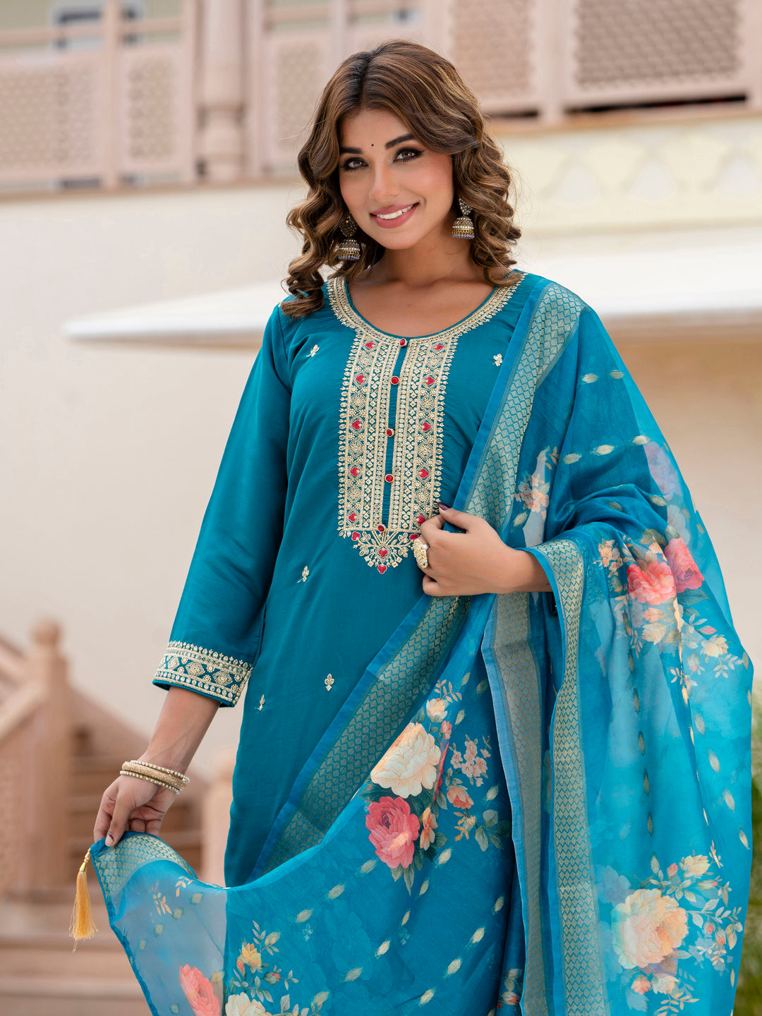 Women’s Viscose Roman Silk Embroidery Straight Kurta Pant with Dupatta Set - FitVibe Fashion