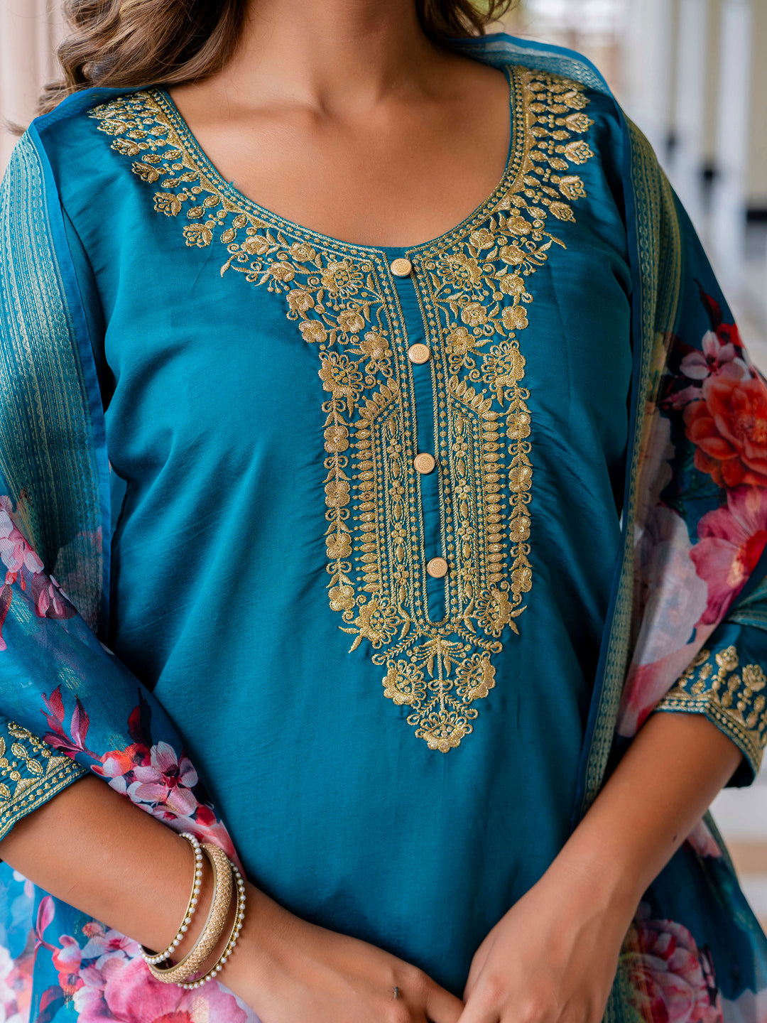 Anupama Women’s Viscose Roman Silk Embroidery Straight Kurta Pant with Dupatta Set - FitVibe Fashion