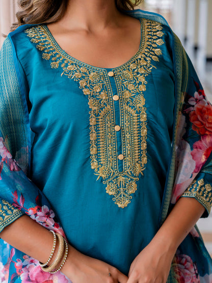 Anupama Women’s Viscose Roman Silk Embroidery Straight Kurta Pant with Dupatta Set - FitVibe Fashion