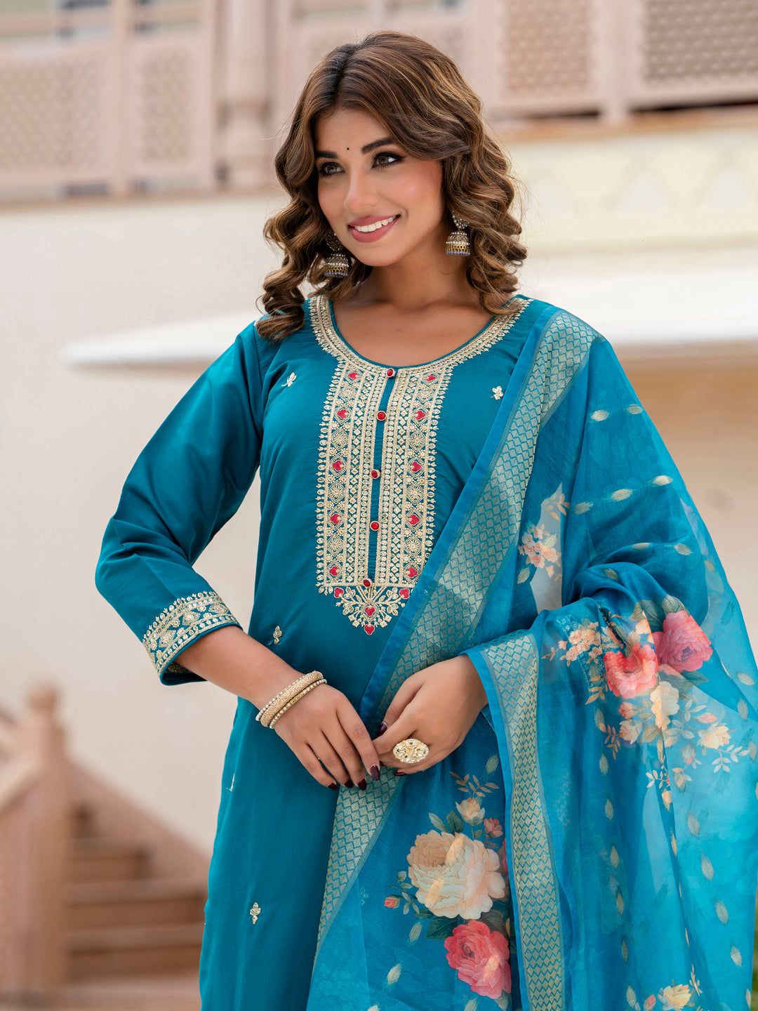 Women’s Viscose Roman Silk Embroidery Straight Kurta Pant with Dupatta Set - FitVibe Fashion