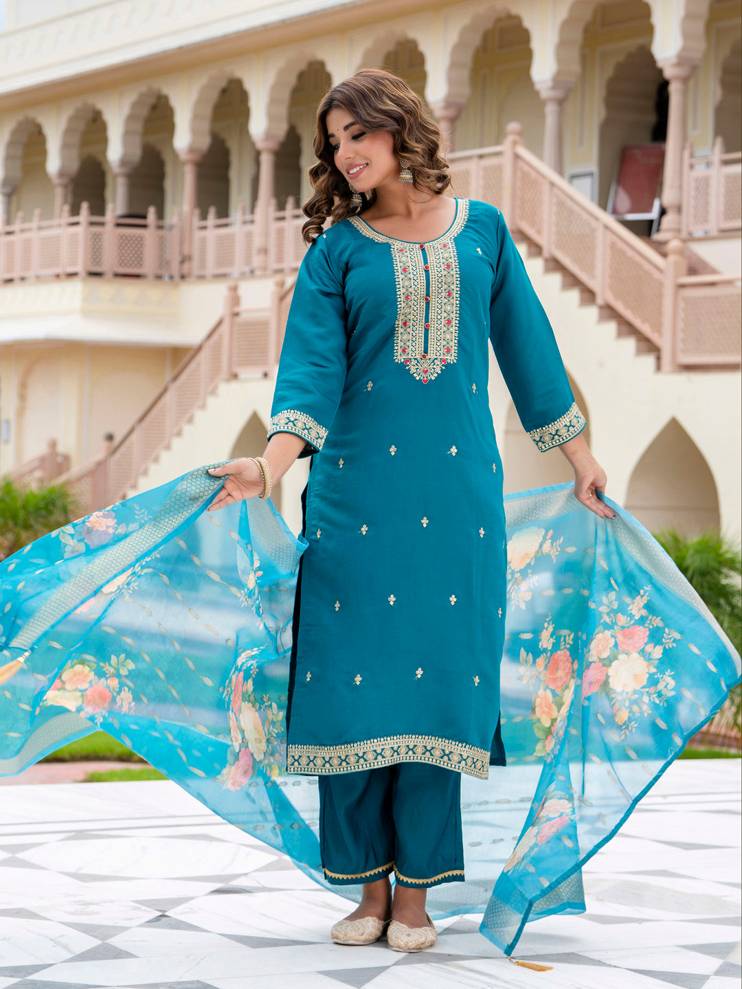 Women’s Viscose Roman Silk Embroidery Straight Kurta Pant with Dupatta Set - FitVibe Fashion