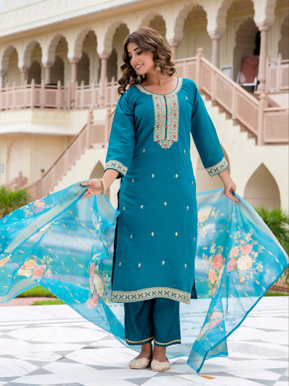 Women’s Viscose Roman Silk Embroidery Straight Kurta Pant with Dupatta Set - FitVibe Fashion